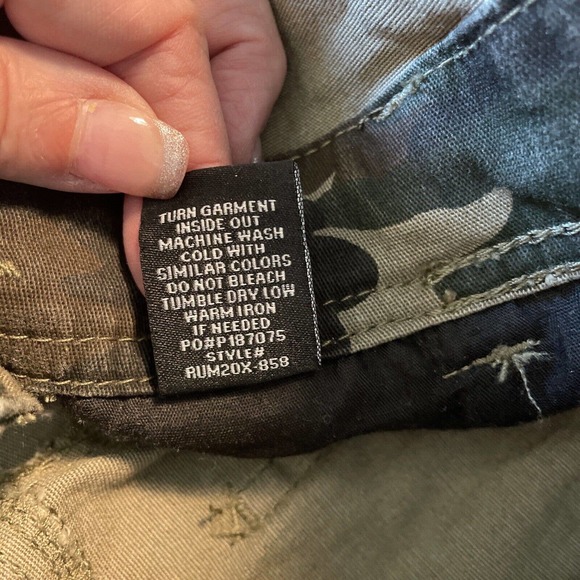 Almost Famous Bib Overall Shorts 9 Green Tan Camo Denim Distressed Shortall - Picture 8 of 8